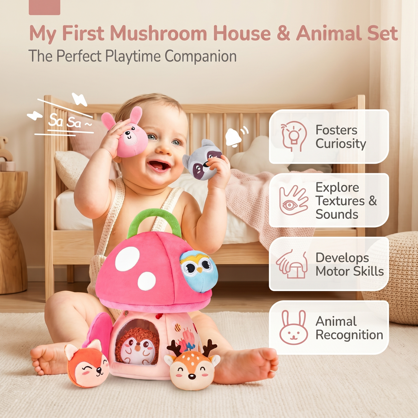 Plush Mushroom House Toy with Jungle Animals
