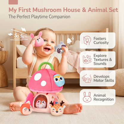 Plush Mushroom House Toy with Jungle Animals