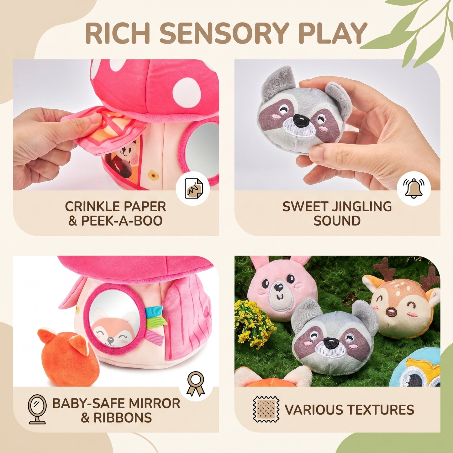 Plush Mushroom House Toy with Jungle Animals