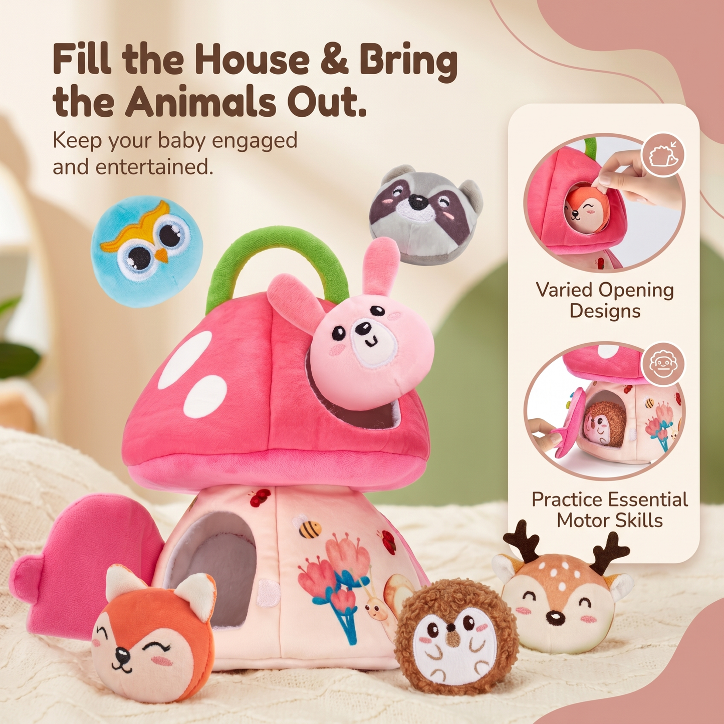 Plush Mushroom House Toy with Jungle Animals