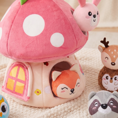Plush Mushroom House Toy with Jungle Animals