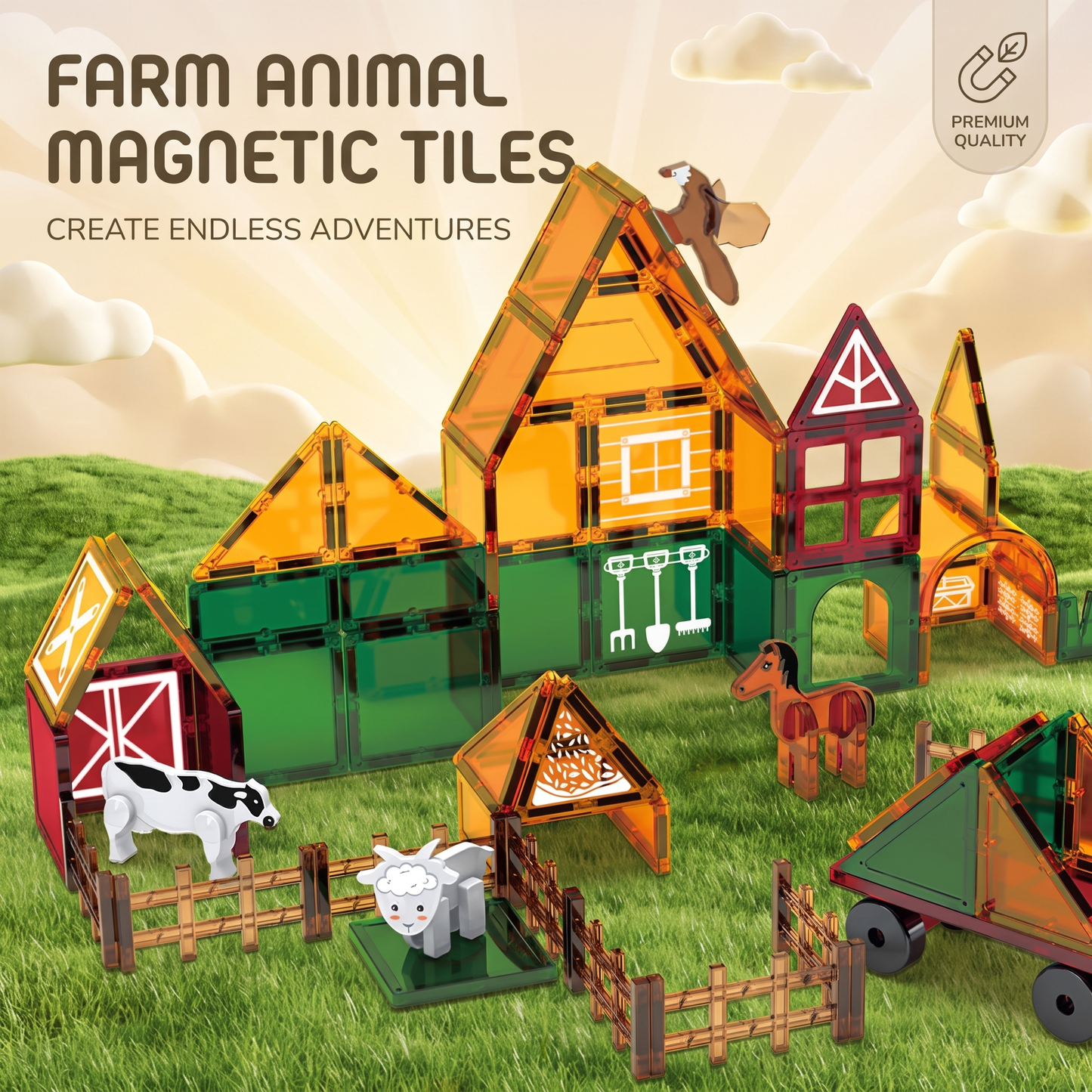 Magnetic Farm Building Tiles for Creative Play – 26 Piece Set