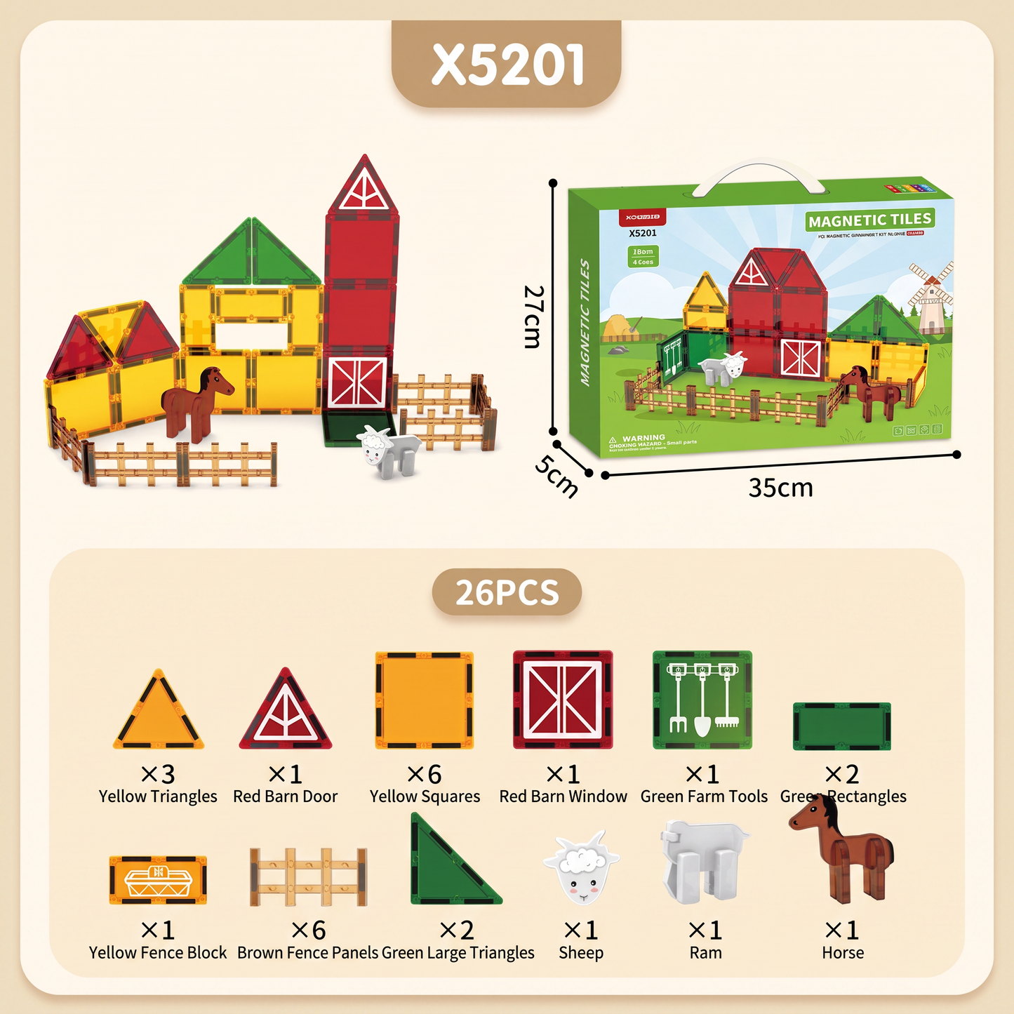 Magnetic Farm Building Tiles for Creative Play – 26 Piece Set
