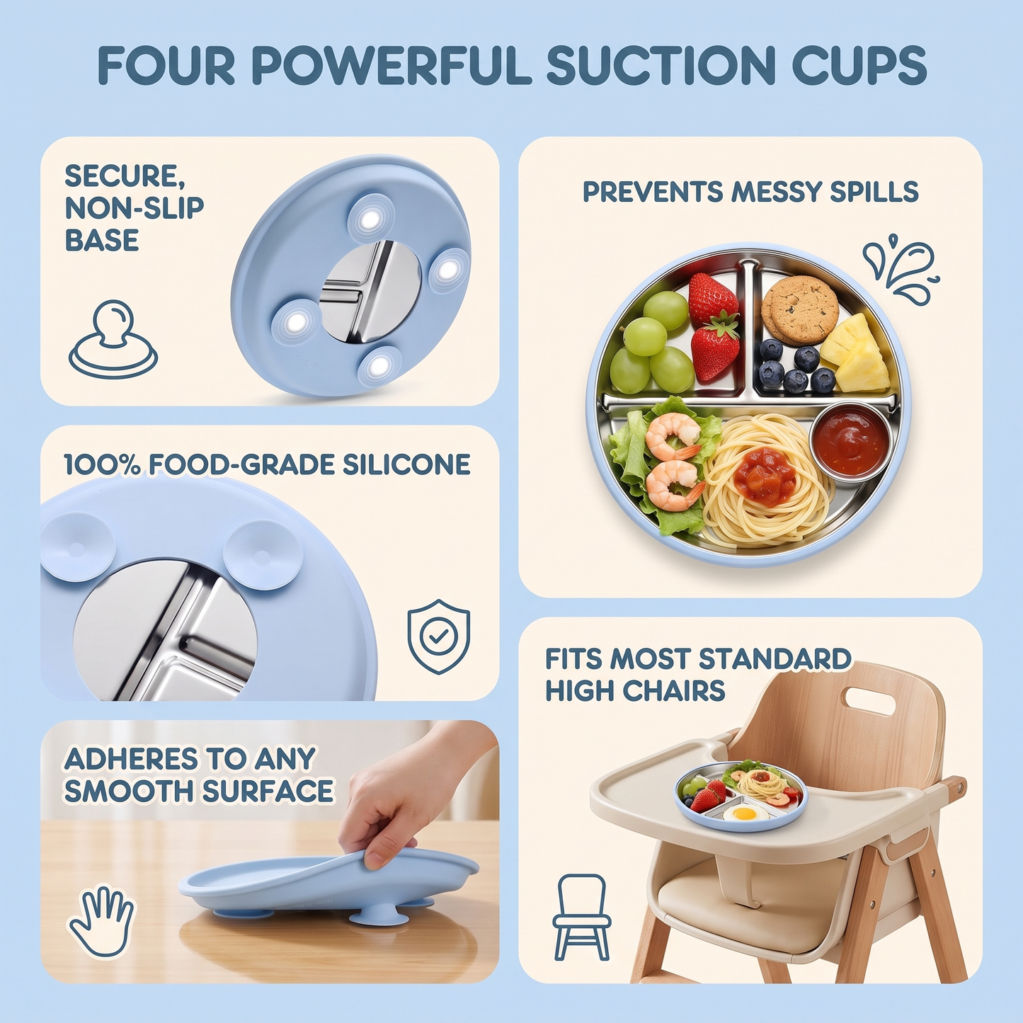 Stainless Steel Toddler Plate with Suction Base (3-Pack)