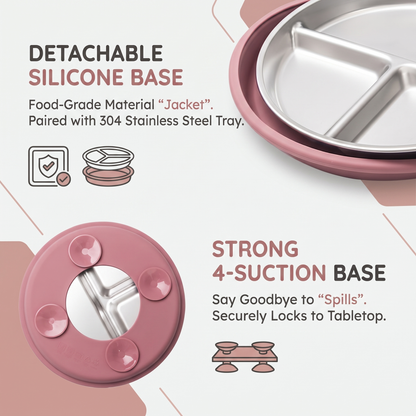 Stainless Steel Toddler Plate with Suction Base (3-Pack)