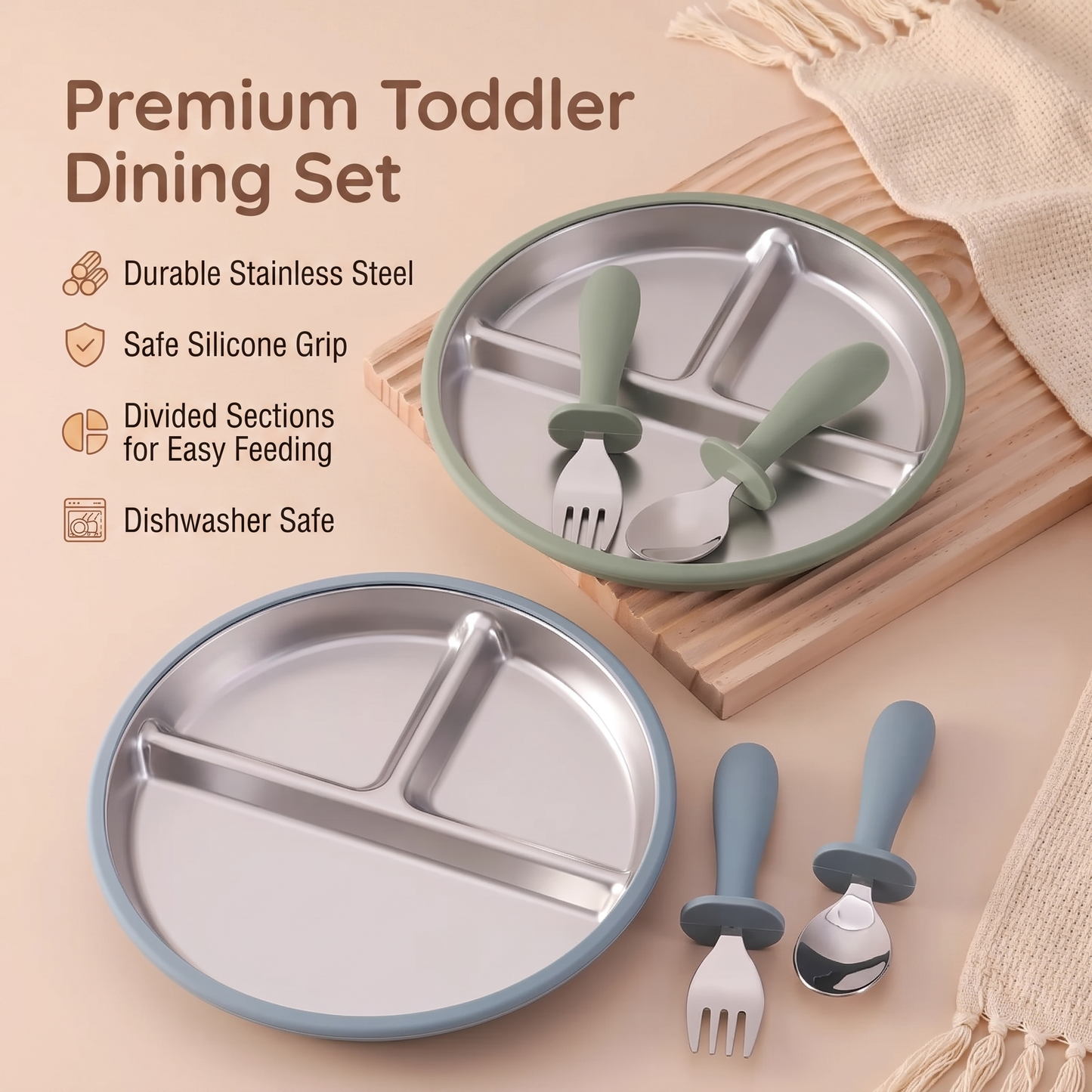 Stainless Steel Toddler Plate with Suction Base (3-Pack)