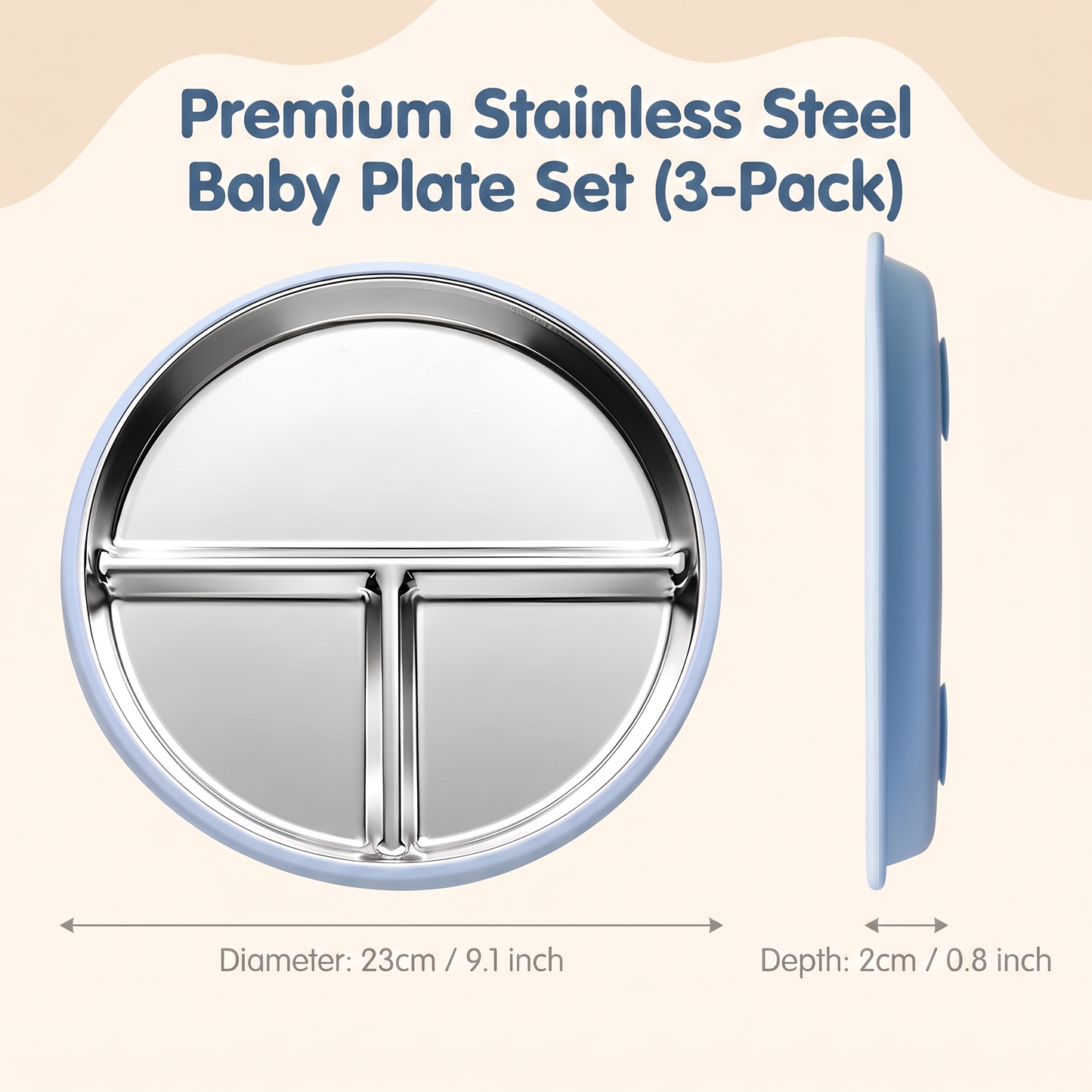 Stainless Steel Toddler Plate with Suction Base (3-Pack)