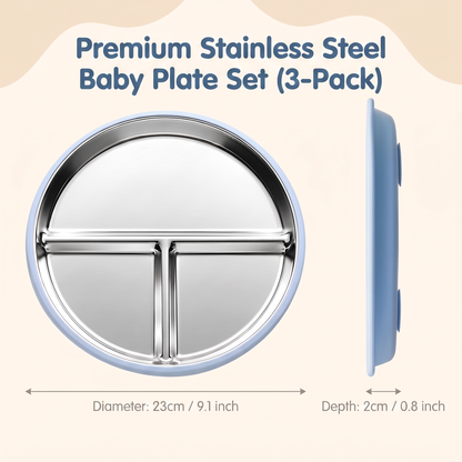 Stainless Steel Toddler Plate with Suction Base (3-Pack)