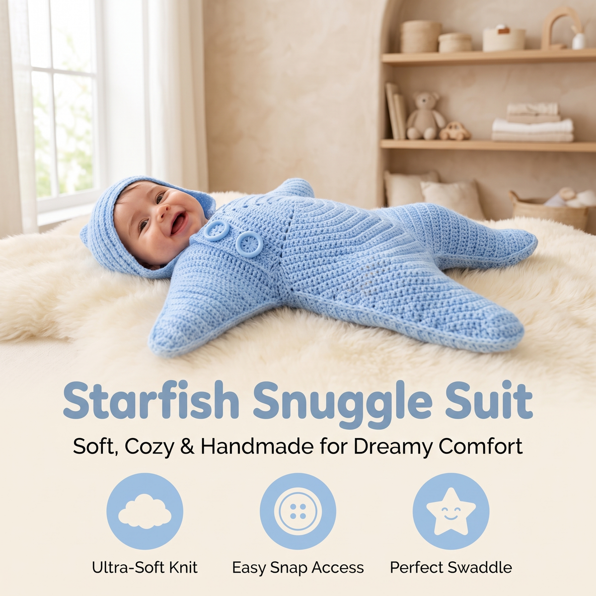 Baby Starfish Suit with Cosy Hood - Knitted & Crocheted