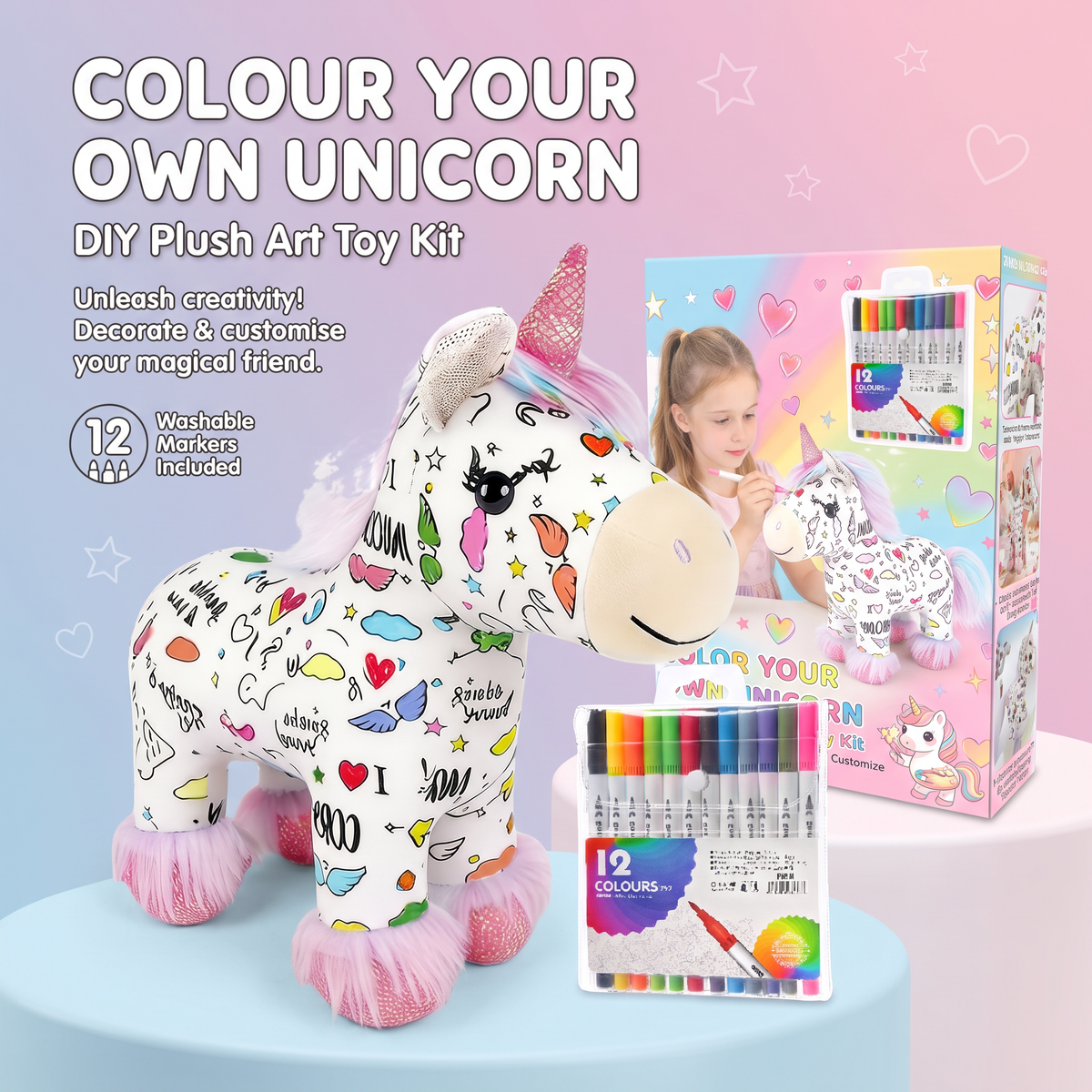 Washable Colour Your Own Unicorn Plush with 12 Markers